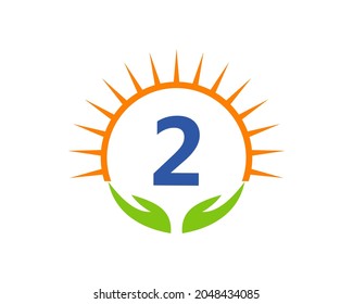 Charity-Logo mit Hand, Sonne und 2 Buchstaben Konzept. Logo der Spendenorganisation zu Buchstabe 2