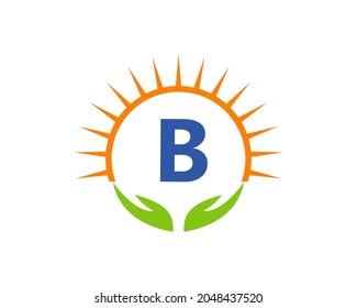 Charity-Logo mit Hand, Sonne und B-Letter-Konzept. Letter B Charity Logo Template Spende Organisation Logotype Vektorgrafik
