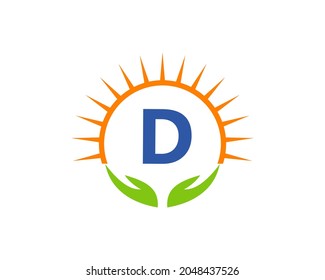 Charity Logo With Hand, Sun And D Letter Concept. Letter D Charity Logo Template Donation Organization Logotype Vector