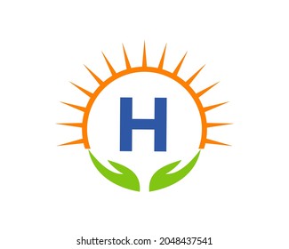 Charity Logo With Hand, Sun And H Letter Concept. Letter H Charity Logo Template Donation Organization Logotype Vector