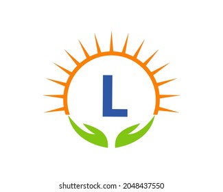 Charity Logo With Hand, Sun And L Letter Concept. Letter L Charity Logo Template Donation Organization Logotype Vector
