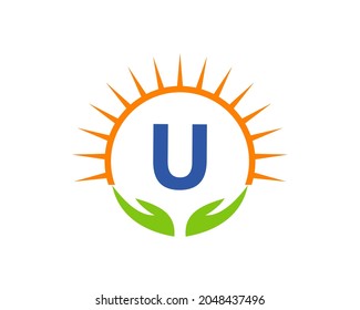 Charity Logo With Hand, Sun And U Letter Concept. Letter U Charity Logo Template Donation Organization Logotype Vector