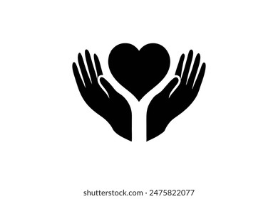 Charity logo, hands supporting heart icon flat design vector illustration .silhouette black color