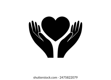 Charity logo, hands supporting heart icon flat design vector illustration .silhouette black color