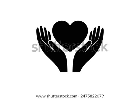 Charity logo, hands supporting heart icon flat design vector illustration .silhouette black color