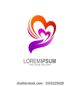 Charity logo with heart design vector, hand and love logo