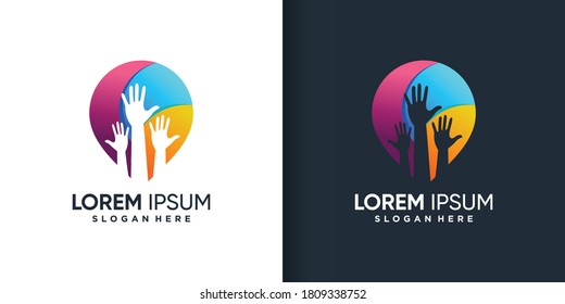 Logo de caridad con estilo de caída de gradiente moderno y plantilla de diseño de tarjeta de negocios, mano, paz, unidad, seguro, Vector Premium