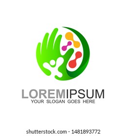 charity logo, teamwork logo abstract, circle design vector template, friendship partnership support team work business logotype icon, green