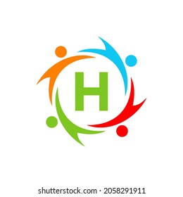 Charity Logo Template On Letter H, Initial Unity Foundation Human Logo Sign. Unity Team Work Logo Design With H Letter Template