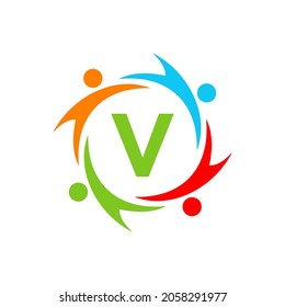 Charity Logo Template On Letter V, Initial Unity Foundation Human Logo Sign. Unity Team Work Logo Design With V Letter Template