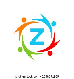 Charity Logo Template On Letter Z, Initial Unity Foundation Human Logo Sign. Unity Team Work Logo Design With Z Letter Template