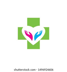 charity logo vector illustration template, green cross with a white heart and red and blue uplifted hands