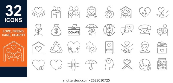 Charity love friendship Care Line Icons. Editable Stroke, Contains such icons as Caregiver, Charity, Donation, Family, Giving, Healthcare, Heart, Help, Love, Mental Health