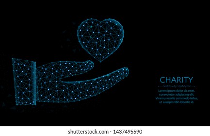 Charity low poly design, hand in polygonal style, heart vector illustration on black background