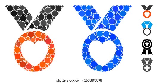 Charity medal composition of filled circles in different sizes and color tones, based on charity medal icon. Vector filled circles are grouped into blue mosaic.