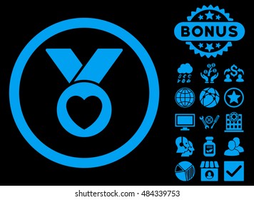 Charity Medal icon with bonus design elements. Vector illustration style is flat iconic symbols, blue color, black background.