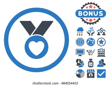Charity Medal icon with bonus elements. Vector illustration style is flat iconic bicolor symbols, smooth blue colors, white background.
