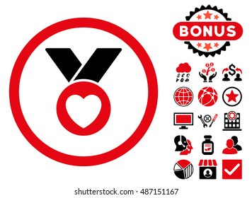 Charity Medal icon with bonus elements. Vector illustration style is flat iconic bicolor symbols, intensive red and black colors, white background.