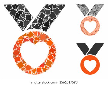 Charity medal mosaic of uneven elements in different sizes and shades, based on charity medal icon. Vector trembly elements are combined into collage. Charity medal icons collage with dotted pattern.