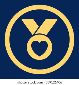 Charity Medal vector icon. Style is flat rounded symbol, yellow color, rounded angles, blue background.