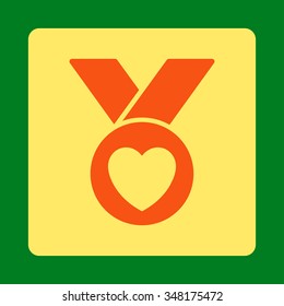 Charity Medal vector icon. Style is flat rounded square button, orange and yellow colors, green background.