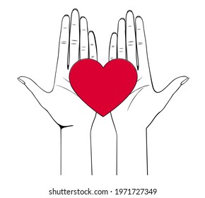 Charity, mercy, kindness. Female hands holding  a red heart. Vector illustration.