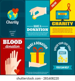 Charity Mini Posters Set With Money And Blood Donation Flat Isolated Vector Illustration 