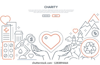 Charity - Modern Line Design Style Web Banner On White Background With Copy Space For Your Text. Ecology, Medical Care, Nature, Financial Help Themes. Volunteering, Social Support, Assistance Concept