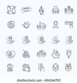 Charity - modern vector line design icons and pictograms set.