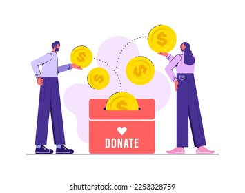 Charity and money donation. People putting money in the donation box. People throw gold coins into a box for donations, Donation and funding concept