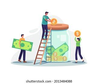 Charity and money donation. Tiny people character putting money into huge glass jar for donate. Male character stand on ladder throw coins, Fundraising concept. Vector illustration in a flat style