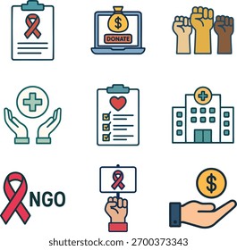 Conjunto de iconos planos de servicios de caridad y ONG