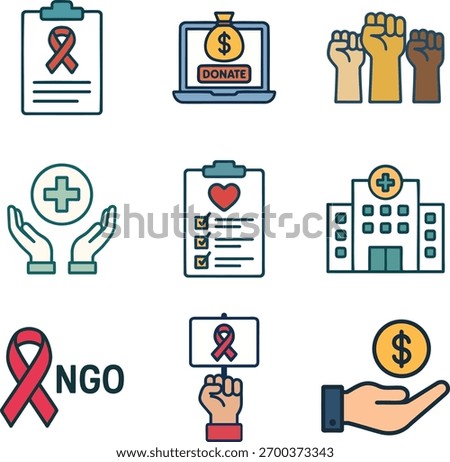 Charity and NGO services flat icon set