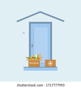 Charity non-contact safe delivery of food and medicine. Delivery to the door. Self-isolation and quarantine as a way of life during the coronavirus pandemic. Delivery service concept. Vector.