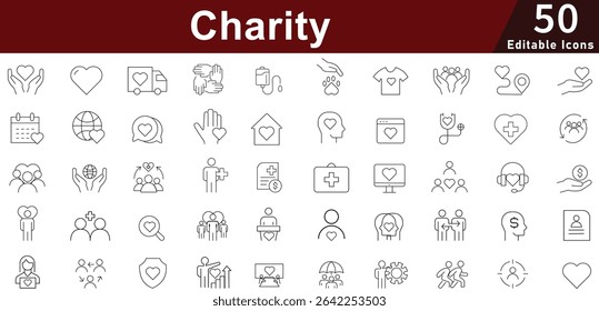 Conjunto de ícones sem fins lucrativos de caridade - 50 ícones editáveis da comunidade de doação para arrecadação de fundos, trabalho voluntário e coleção de vetor de impacto social