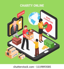 Charity online isometric composition with volunteers conducting donation drive for children and needy people vector illustration