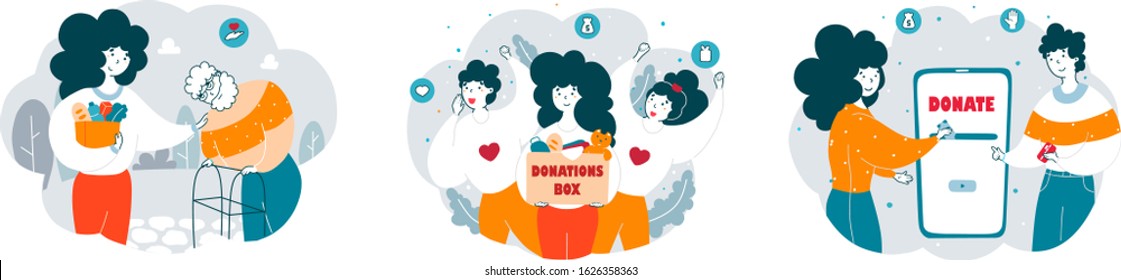 Charity organization activists at work flat vector illustrations set