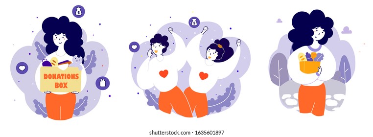 Charity organization activists at work flat vector illustrations set