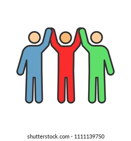 Charity organization color icon. Unity in diversity. People holding hands up. Teamwork. Charitable foundation. Community. Friendship. Isolated vector illustration