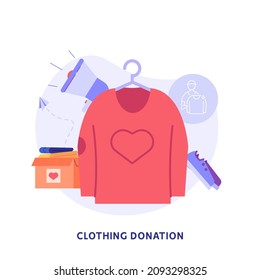 Charity organization donation box for poor people. Set of elements for clothing donations, clothing bin and container, donate clothes. Charity campaign vector flat illustration