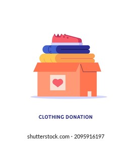 Charity organization donation box for poor people. Set of elements for clothing donations, clothing bin and container, donate clothes. Charity campaign vector flat illustration