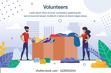 Charity Organization Donations Collecting Event Trendy Flat Vector Banner, Poster Template. Female, Male Volunteers, Social Workers Team Standing near Boxes with Donated Clothes and Toys Illustration