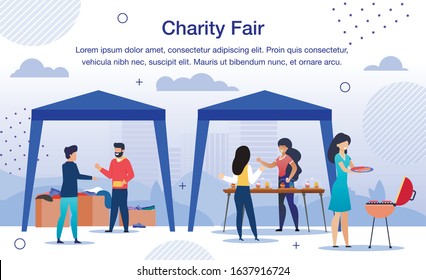 Charity Organization Fair, Garage Sale for Social Help Needs Trendy Flat Vector Banner, Poster. Volunteers Selling Sweets and Snacks, Collecting Donations and Things for Charity Purposes Illustration