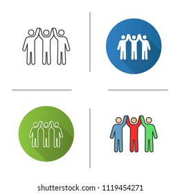 Charity organization icon. Flat design, linear and color styles. Unity in diversity. People holding hands up. Teamwork. Charitable foundation. Community. Friendship. Isolated vector illustrations