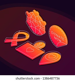 Charity organization isometric color vector illustration. Money donation linear icons infographic. Crowdfunding, fundraising 3d concept. Charitable foundation web design on purple background