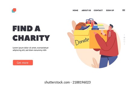 Charity Organization Landing Page Template. Volunteer with Donation Humanitarian Aid. Man Carry Box with Donating Things. Help People in Troubles and Poor Families. Cartoon Vector Illustration