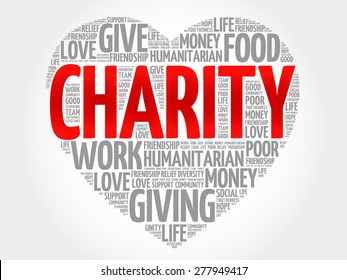 Charity - an organization set up to provide help and raise money for those in need, word cloud heart concept background