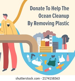 Charity organizations help to remove plastic from ocean water masses. Environmental care and recycling, conservation of planet. Promotional banner or advertisement flyer. Vector in flat style