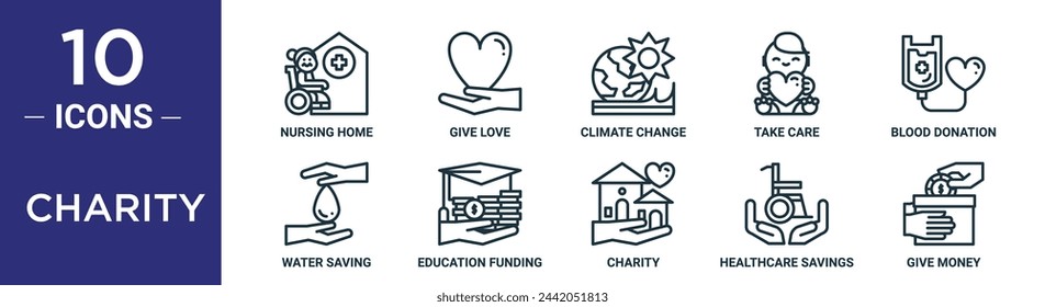 conjunto de iconos de esquema de caridad incluye hogar de ancianos de línea delgada, dar amor, cambio climático, cuidar, donación de sangre, ahorro de agua, iconos de financiación de la educación para el informe, presentación, diagrama, diseño web