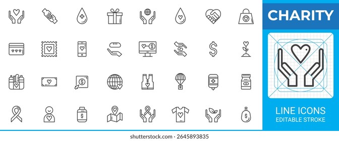 Conjunto de iconos de esquema de caridad. Paquete de línea de Vector con donación, amor, manos, regalo, dinero, corazón, gota de sangre, globo. Conjunto de símbolos de contorno perfecto para ONG, causas sociales, Asistencia médica.